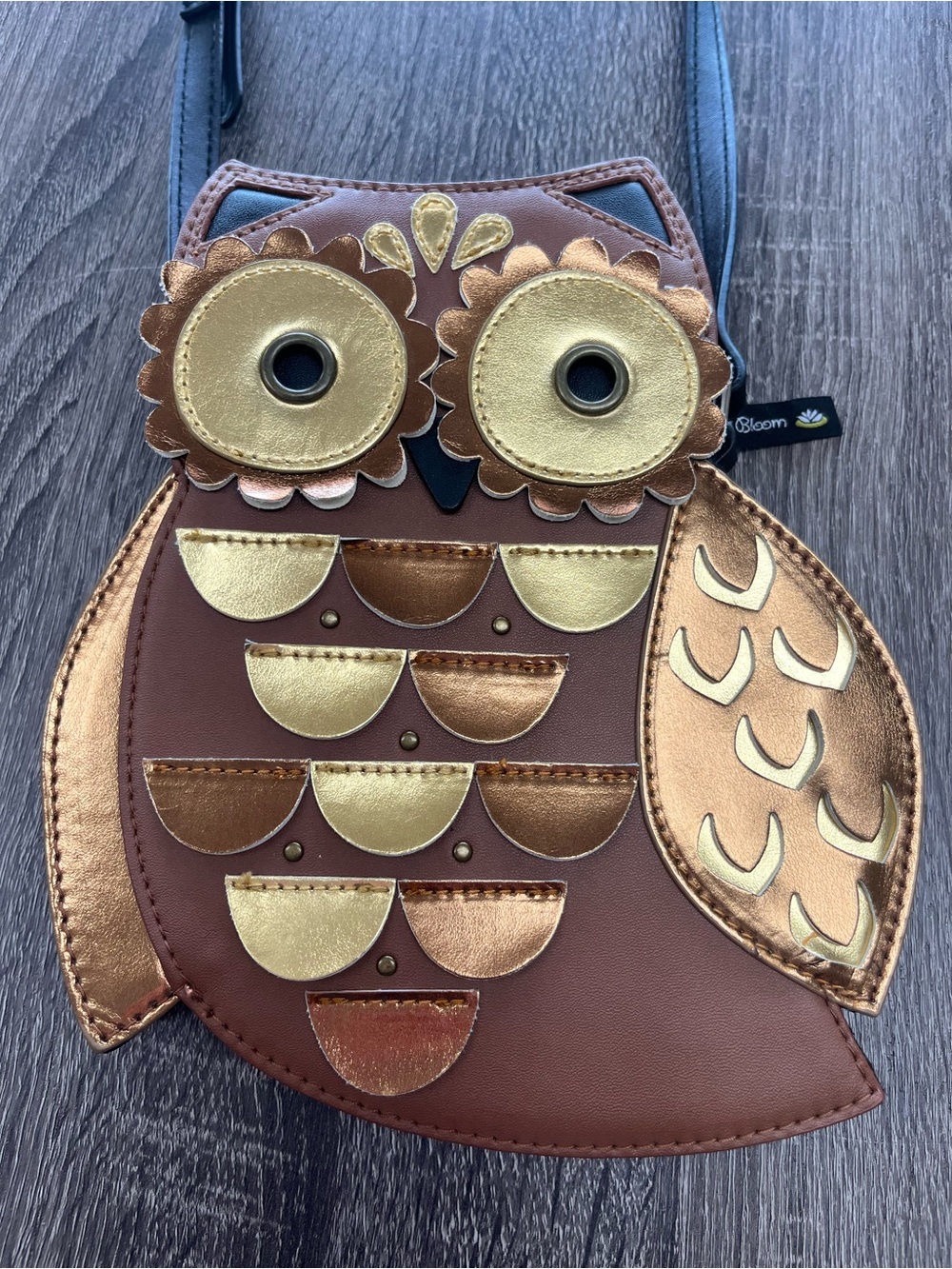 Lily Bloom Brown and Gold Metallic Owl Crossbody Bag